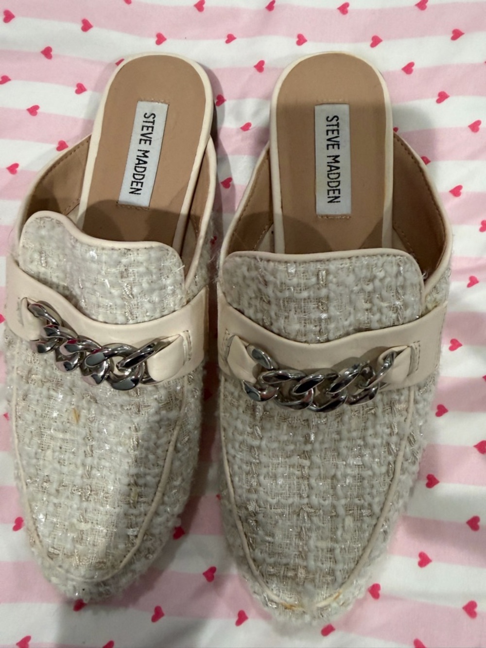 Steve Madden Cream Tweed Chain-Trim Mules - Picture 3 of 5
